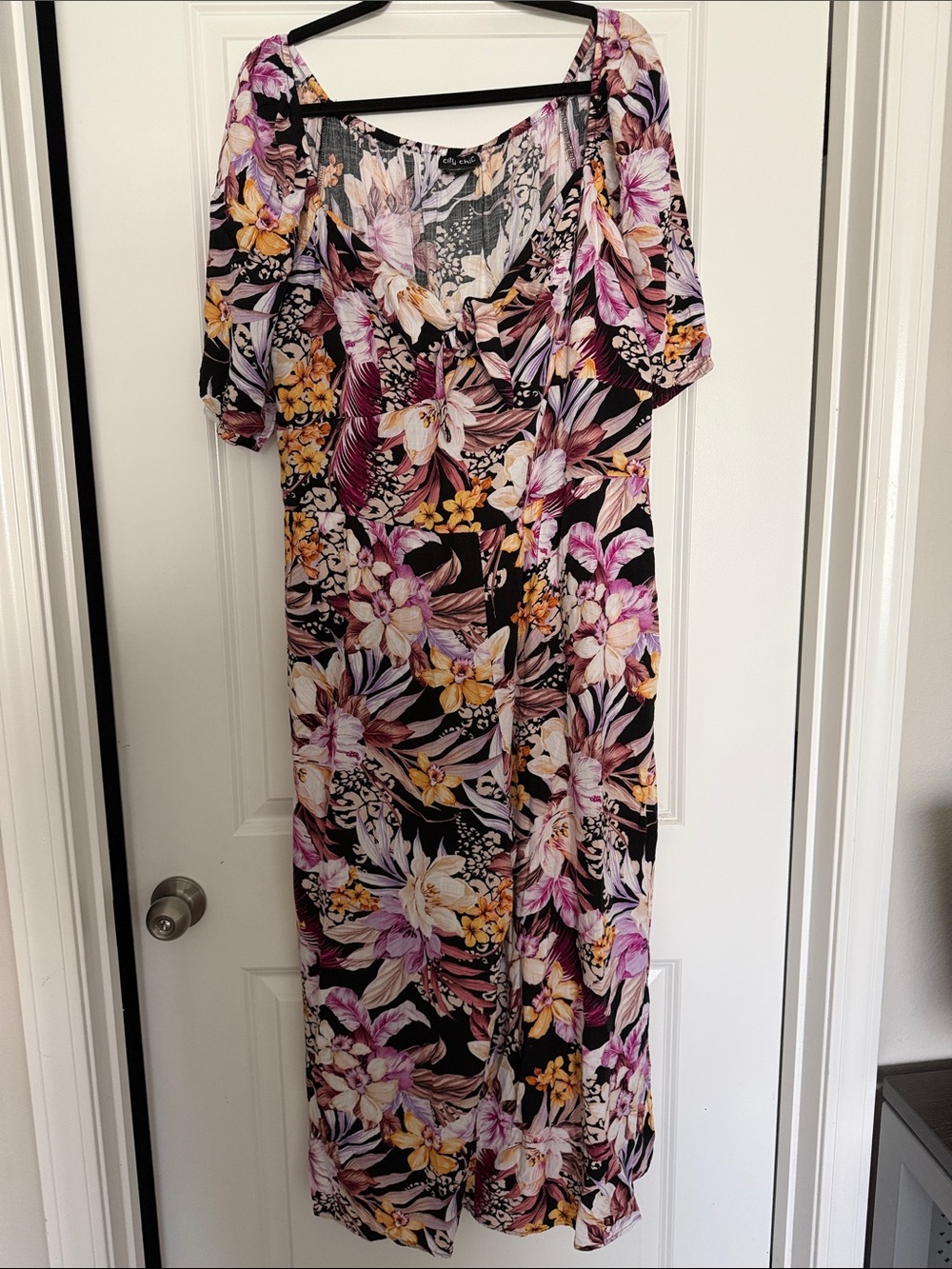 City Chic Romper with Pink, Black & Yellow Floral Print